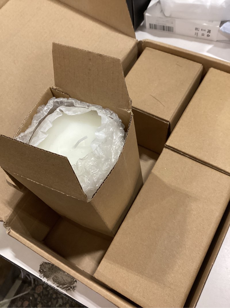 Condition photo showing Good Condition for ribbed pillar candles set of 4, width 3" high 3" 4" 5" 6" large mixed soy wax scented pillar candles white aesthetic ribbed modern home decor for bathroom living room wedding
