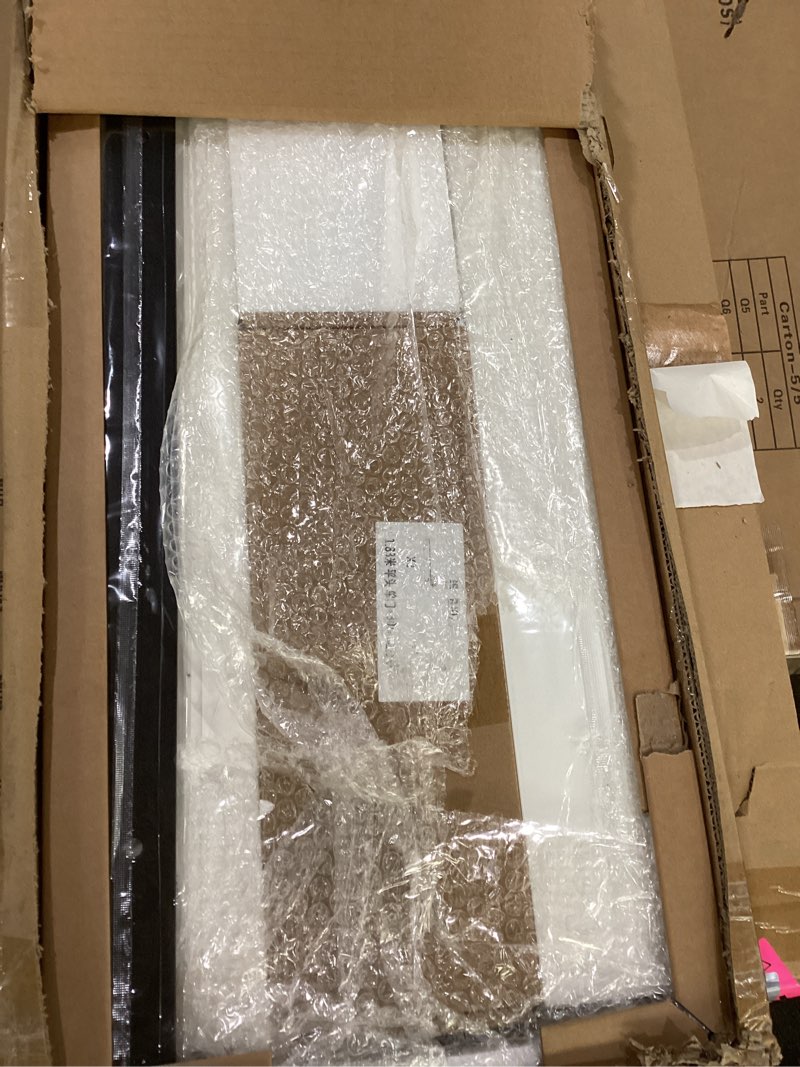 Condition photo showing Good Condition for 34x80 inch glass sliding barn door slab and 6ft hardware kit included, 5 frosted glass, lvl wood panel covered with white water-proof scratch-proof pvc surface, simple diy assembly