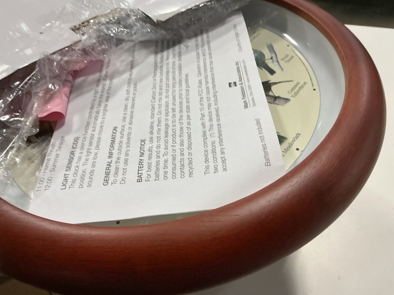 Condition photo showing Good Condition for mark feldstein, audubon singing bird wall clock, 13 inch, premium cherry 13x13 cherry