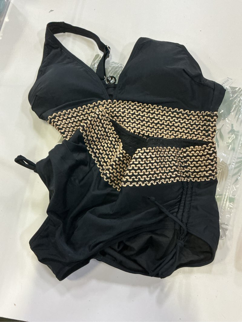 Condition photo showing As Is for blooming jelly women high waisted bikini sets tummy control swimsuits color block two piece drawstring bathing suit large black/gold trim
