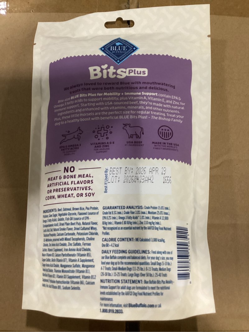 Condition photo showing New/Like New for (Best by 28/Apr/2026)Blue Buffalo Functional Bits Mobility and Immunity Beef Flavor Chewy Dog Treats - 9.5oz