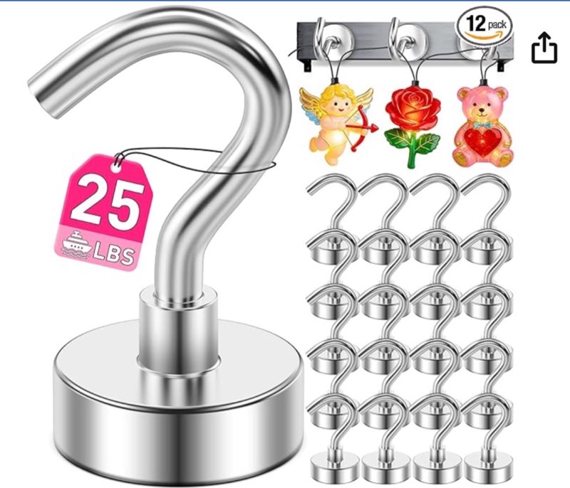 (Similar)Mukfirm 12 Pack Magnetic Hooks for Cruise Cabins, Heavy Duty Magnet with Hook, Metal Magnetic Hooks for Fridge, Hanging Magnet Hooks for Classroom, Locker, Whiteboard, Valentines Day Decor