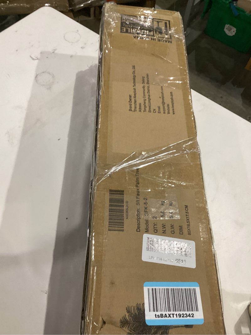 Condition photo showing As Is for 5ft Artificial Palm Tree Indoor Plant Tall Fake Tropical Paradise Palm Tree in Pot with Real Bark Design Faux Areca Palm Tree for Home Office Living Room Bedroom Farmhouse Modern Decor 2pcs 2 5ft