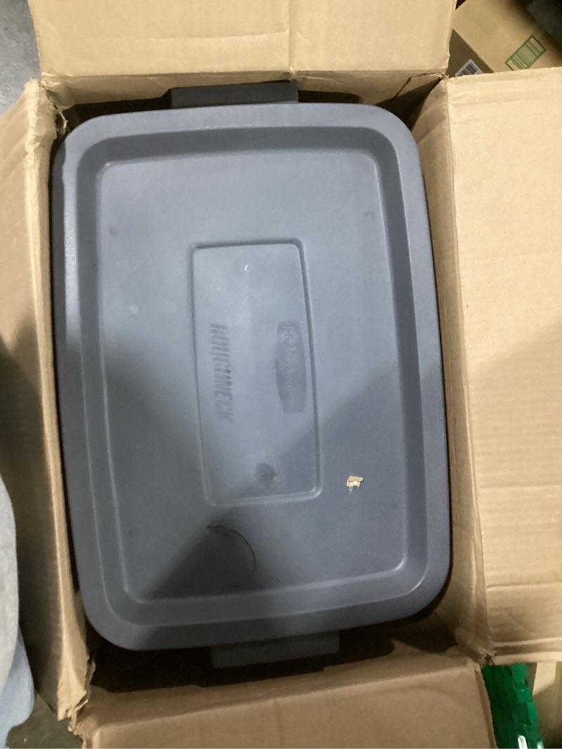 Condition photo showing Good Condition for Rubbermaid 6-Pack Totes for Storage with Lids, Heavy Duty Plastic Storage Bins with Lids, Black Gray, 10 GAL - Stackable for Garage, Attic, Camping (10 GAL - 6 Pack Solid Black and Grey)