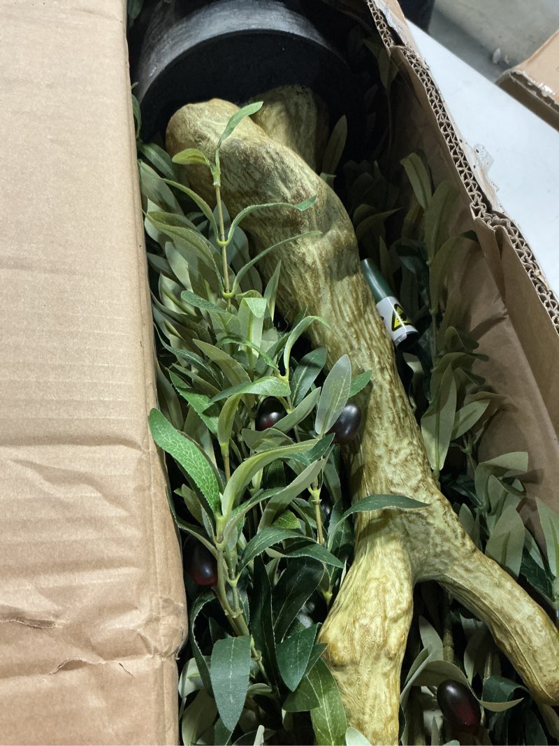 Condition photo showing As Is for Olive Trees Artificial Indoor - Faux Olive Tree 7ft with Large Olive Branches and Lifelike Fruits - Fake Olive Tree for Modern Home Office House Living Room Decor