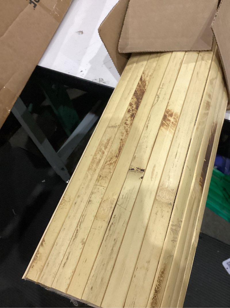 Condition photo showing As Is for fonuno bamboo wall panel for interior decoration bamboo pole wrap roll natural wainscoting paneling decorative wall slat covering for living room, bedroom, office (48 inch x 96 inch, light burned) 48" x 96" light burned