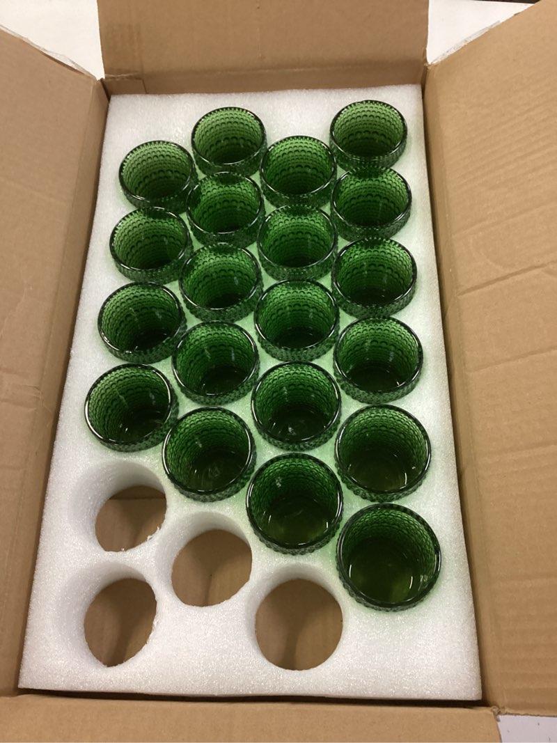 Condition photo showing As Is for votive candle holders of 24, glass holders bulk for table centerpiece, tea lights candle holders for wedding shower, home decor and party dark green