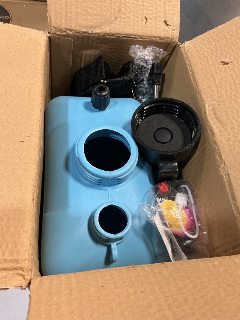 Condition photo showing Good Condition for 2.4 gallon battery powered sprayer, electric battery operated sprayer, weed power sprayers in lawn and garden with adjustable shoulder strap and rechargeable handle, 3 mist nozzles (blue)