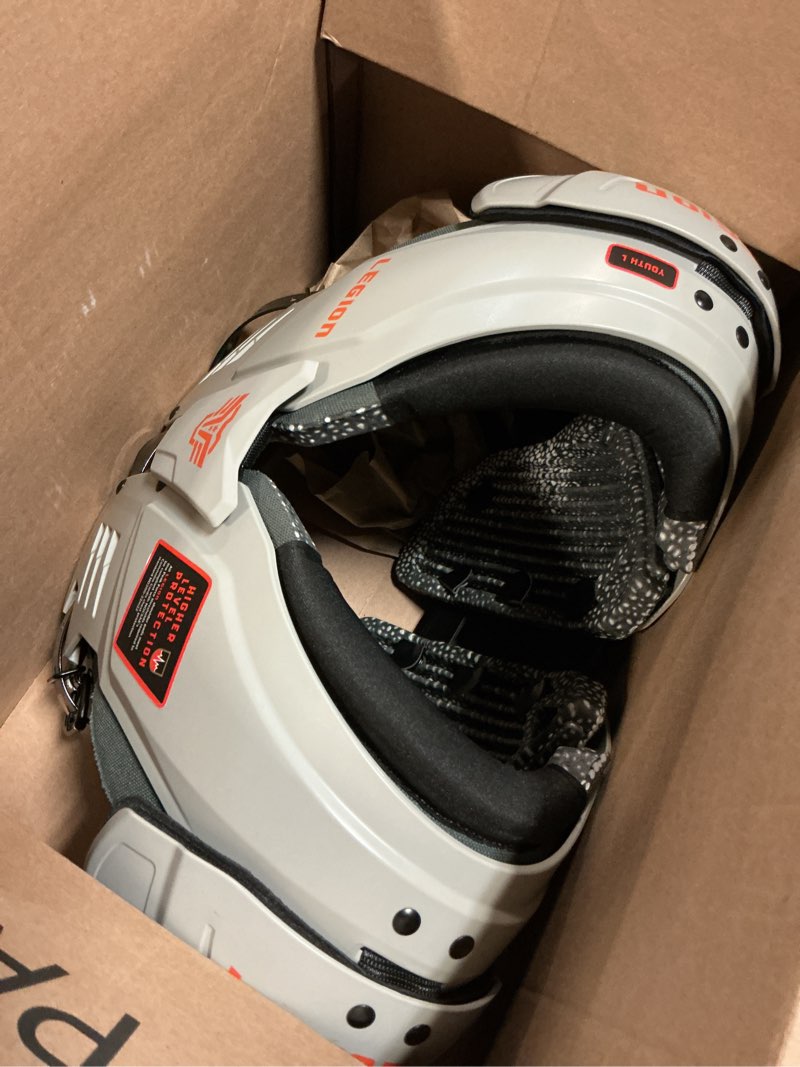 Condition photo showing As Is for legion youth football shoulder pads, patents pending, lightweight, optimized mobility, enhanced impact protection, industry-best ventilation and cooling large m-80