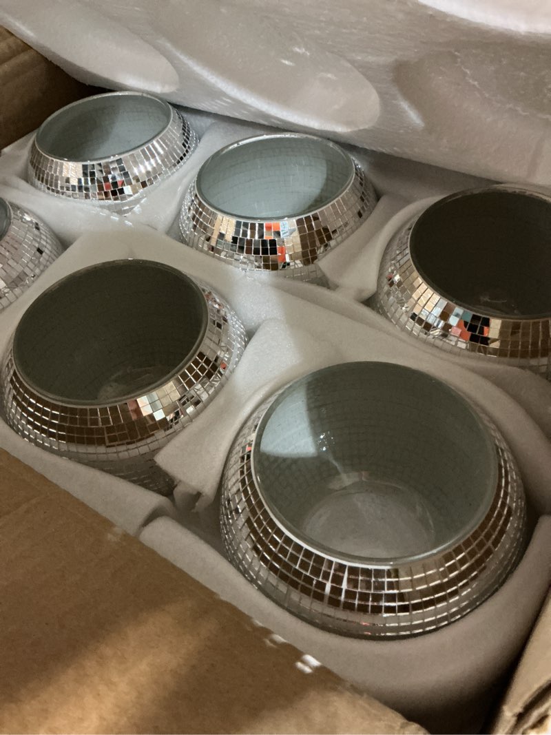 Condition photo showing Good Condition for 6 pieces disco ball flower vase mirror disco ball glass planter candle holder glass vase bulk for wedding centerpieces bedroom kitchen office decoration birthday (silver, 5 x 6 inch) silver 5 x 6 inch