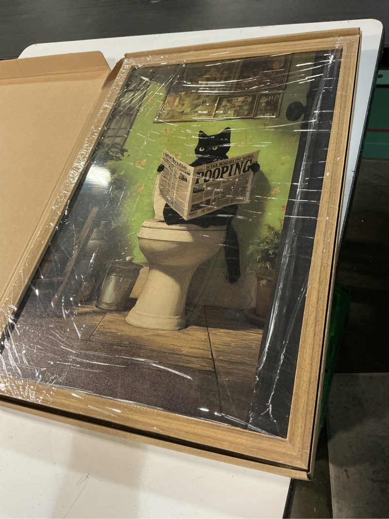 Condition photo showing New/Like New for framed 2pcs funny green bathroom wall art cute black cat painting vintage humor ainimal picture prints wall decor with wood frame for bathroom ready to hang 16x24 inches black cat 16"l x 24"w