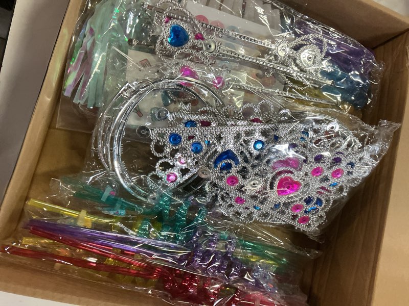 Condition photo showing New/Like New for 84pcs princess party favors, sweet birthday party supplies including crowns diamond wands tattoo stickers blowers bubble wands, perfect for girls' party decorations & pinata fillers