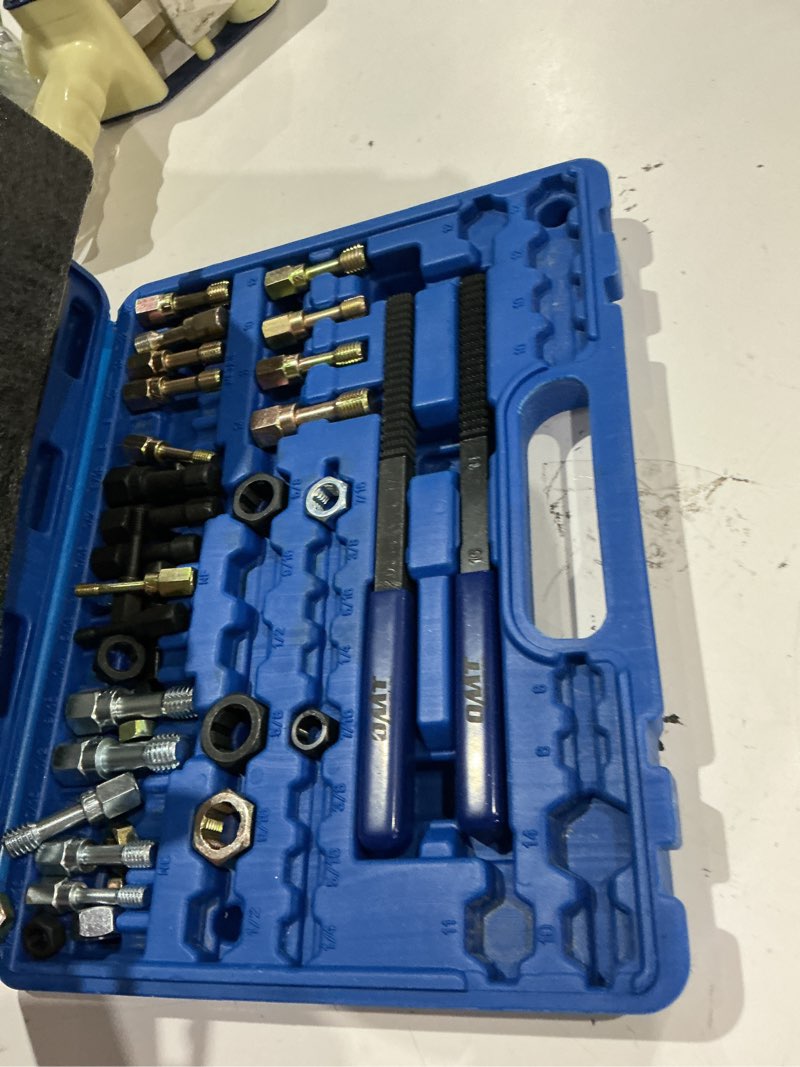 Condition photo showing As Is for orion motor tech 49 piece thread chaser set, metric and sae thread repair kit with 22 taps 24 dies 3 thread files, universal rethreading kit thread restorer tool set in unc unf metric sizes with case metric and sae 49