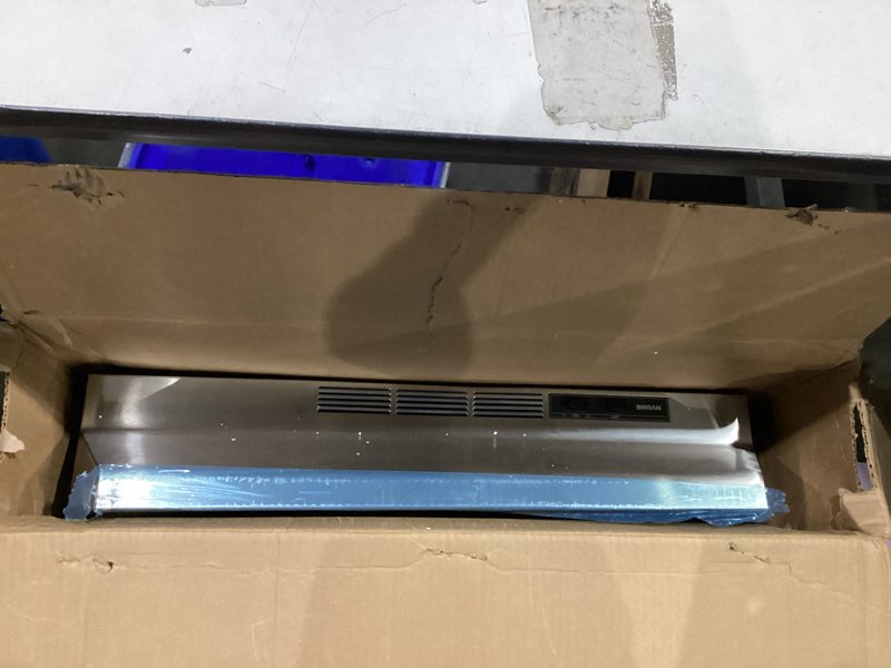 Condition photo showing As Is for Broan-NuTone 413004 Non-Ducted Ductless Range Hood with Lights Exhaust Fan for Under Cabinet, 30-Inch, Stainless Steel Stainless Steel 30-Inch