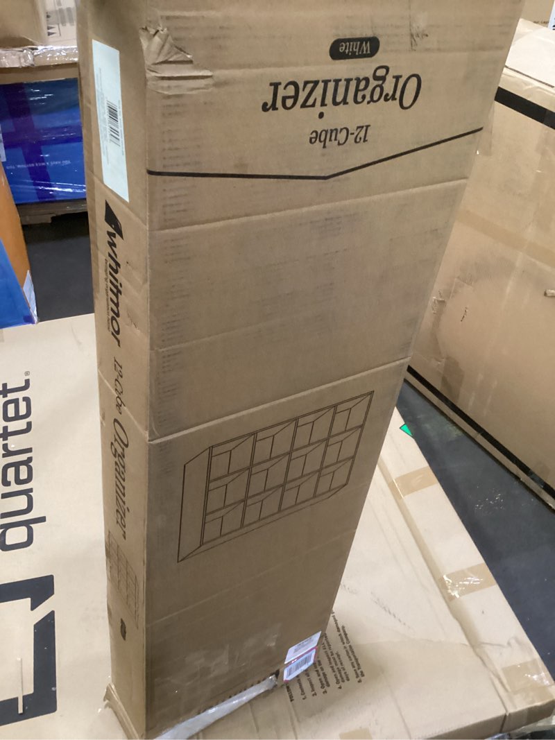 Condition photo showing As Is for Whitmor 12 Cube Storage Organizer, 4 Tier Stackable Mdf Wood Bookcase, Open Storage Display Bookshelf, Storage Cabinet for Living Room, Bedroom, Home, Office, 35.1"L x 11.6"W x 47.5"H, White White 12 Cube, 35.1"L x 11.6"W x 47.5"H