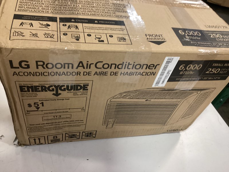 Condition photo showing New/Like New for lg 6,000 btu window air conditioner, 115v, cools 250 sq.ft. for bedroom, den, living room, quiet operation, with remote, 2 cooling & fan speeds, 2-way air deflection, auto restart, white 6000 btu electronic & standard white
