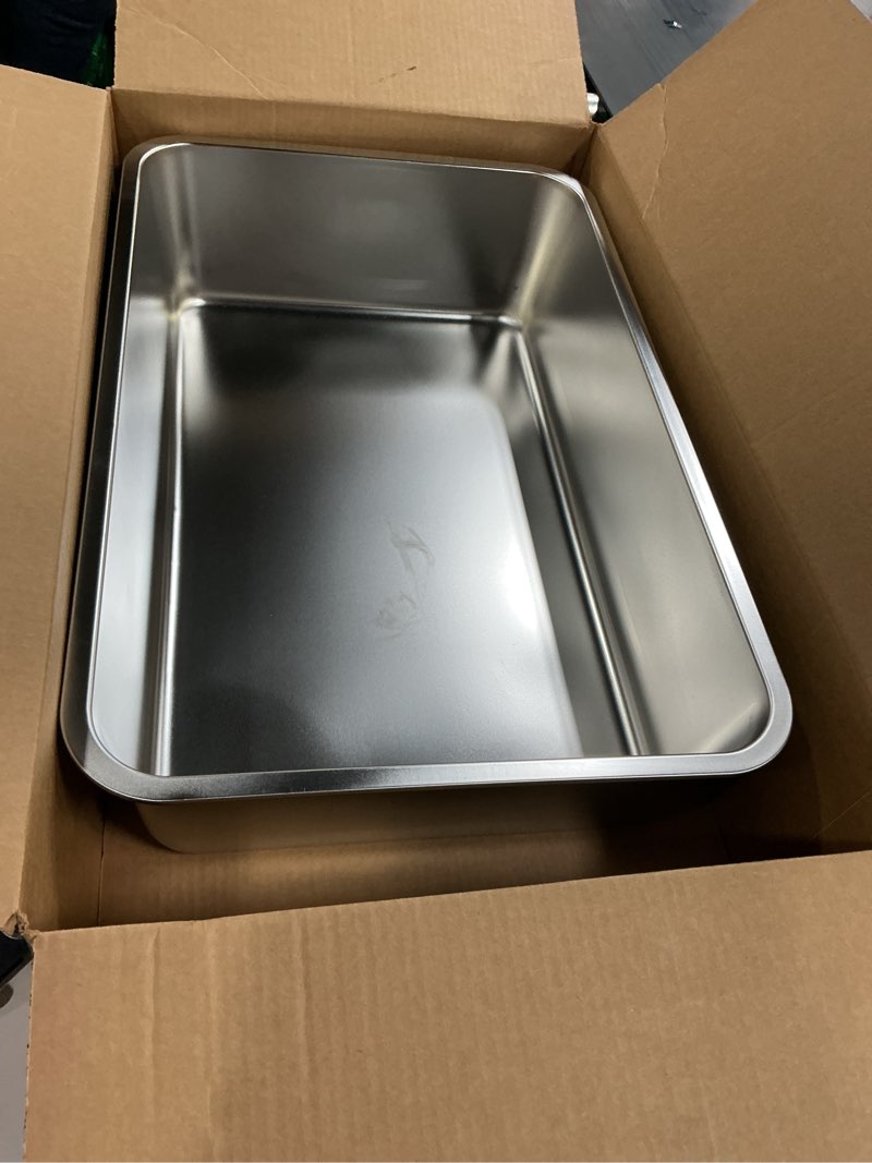 Condition photo showing Good Condition for kirecoo stainless steel cat litter box xl- metal high sided cat pan, large stainless steel box, indoor litter tray, non stick, no smell, easy to clean, pet toilet supplies for kitten, kitty, rabbit 23.43" l x 15.55" w x 5.7" h