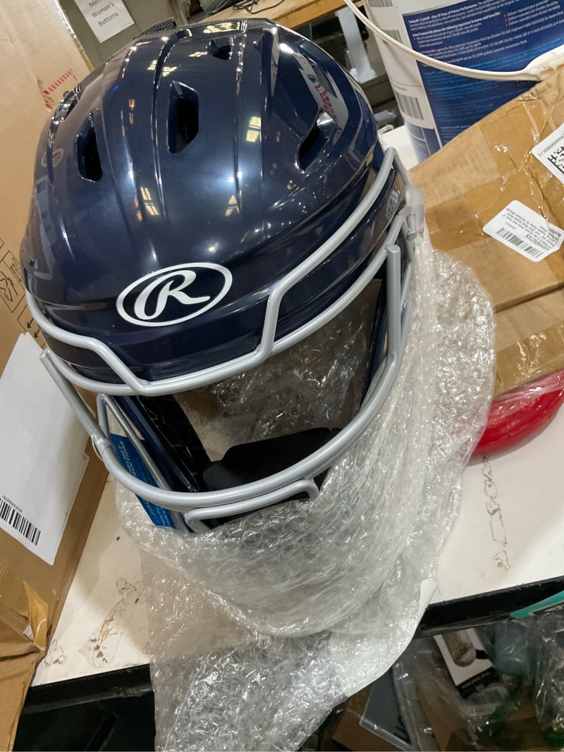 Condition photo showing As Is for helmet onlyrawlings | renegade series baseball catcher's set | nocsae certified | adult | intermediate | youth | multiple colors youth | ages 12 & under navy/silver