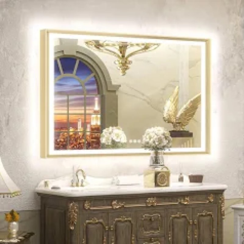 tetote gold led bathroom mirror with lights 42x36 front & back light vanity framed mirror baroque an
