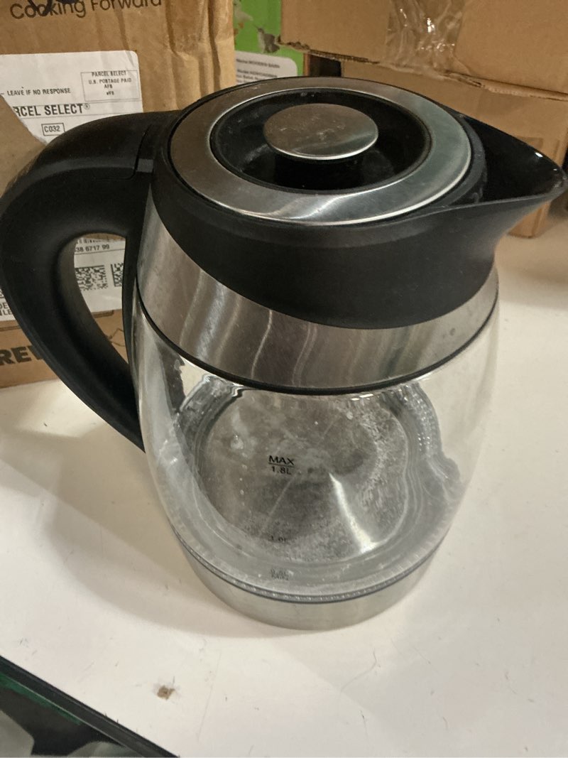 Condition photo showing As Is for chefman electric kettle with temperature control, 5 presets led indicator lights, removable tea infuser, glass tea kettle & hot water boiler, 360° swivel base, bpa free, stainless steel, 1.8 liters 1.8l - stainless steel - tea infuser - temperature control
