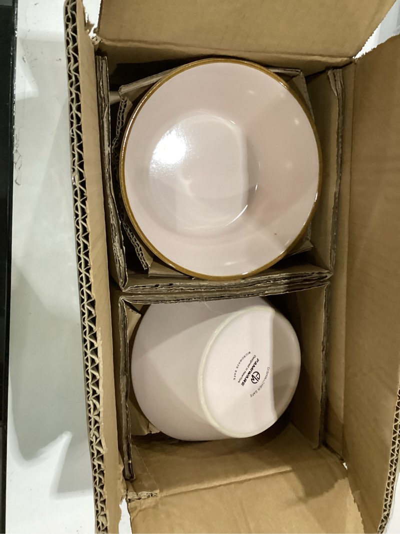 Condition photo showing Good Condition for famiware saturn dinnerware sets, ceramic dishes for 4, rimmed plates, bowls | light pink, 12-piece microwave and dishwasher safe stoneware, chip & scratch resistant, modern rustic tableware, everyday use light pink 12