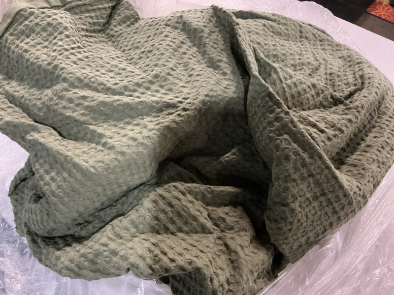 Condition photo showing As Is for organic luxe honeycomb duvet cover, full/queen, olive