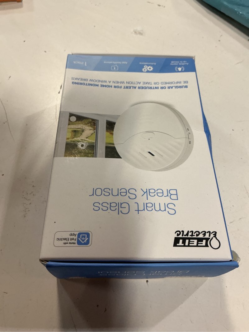 Condition photo showing New/Like New for feit electric smart wi-fi glass break sensor with audible alarm, wireless, 24/7 home security system with mobile app notification, battery operated, no hub required, indoor use only, glassbreak/wifi