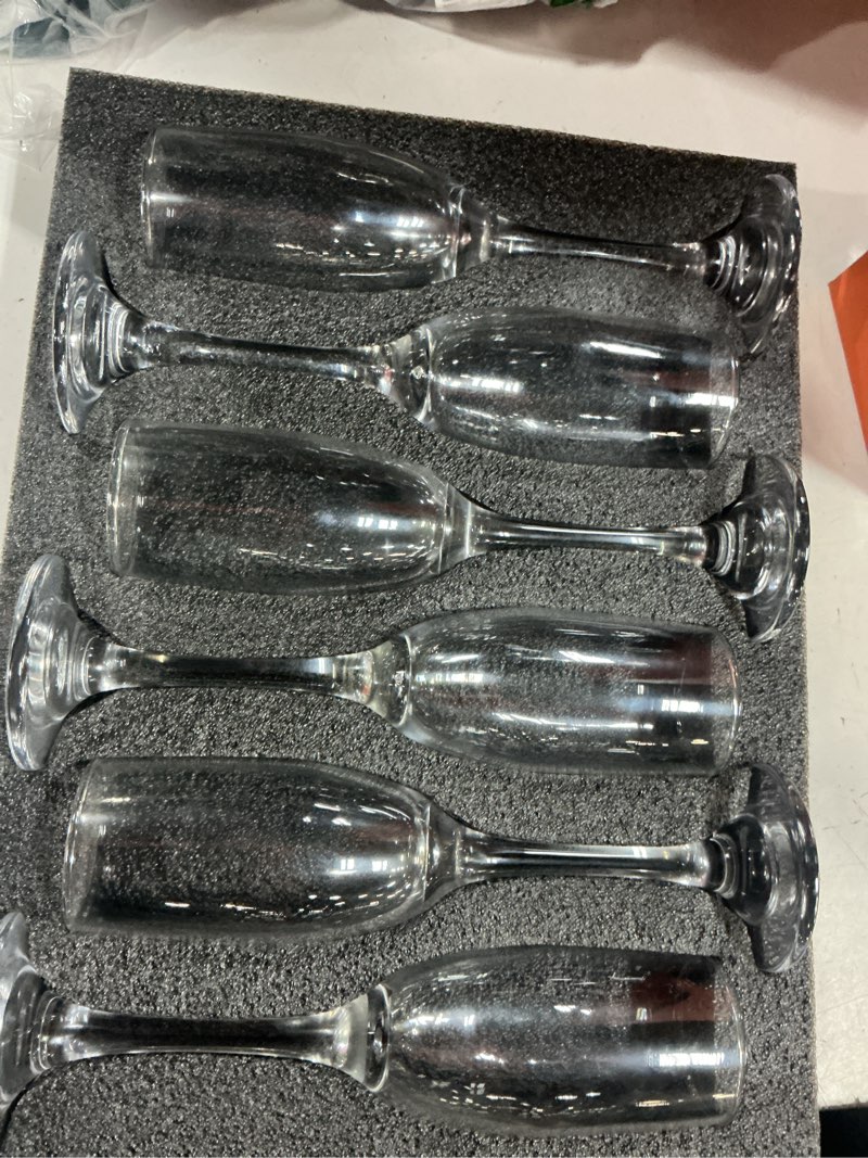 Condition photo showing Good Condition for champagne flutes glasses set of 6-6oz elegant glass, classic long stem clear champagne flute gift for wedding, anniversaries, parties, birthday, restaurant, home bar