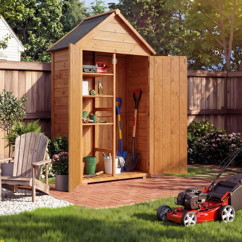 Wooden Outdoor Storage Cabinet with 3 Shelves & Floor - Waterproof Lockable Garden Tool Shed for Pat