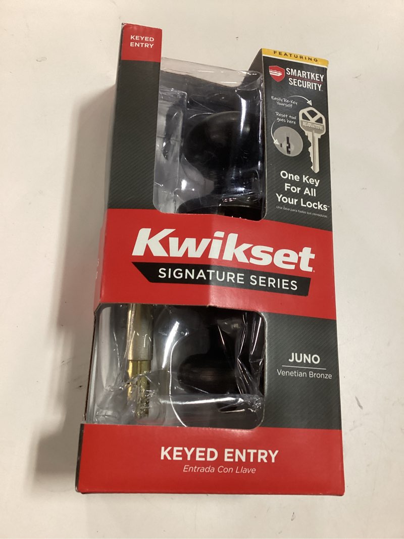 Condition photo showing As Is for Kwikset Juno Entry Door Knob with Lock and Key, Secure Keyed Handle Exterior, Front Entrance and Bedroom, Venetian Bronze, Pick Resistant SmartKey Rekey Security and Microban Venetian Bronze 1 Pack Keyed Entry