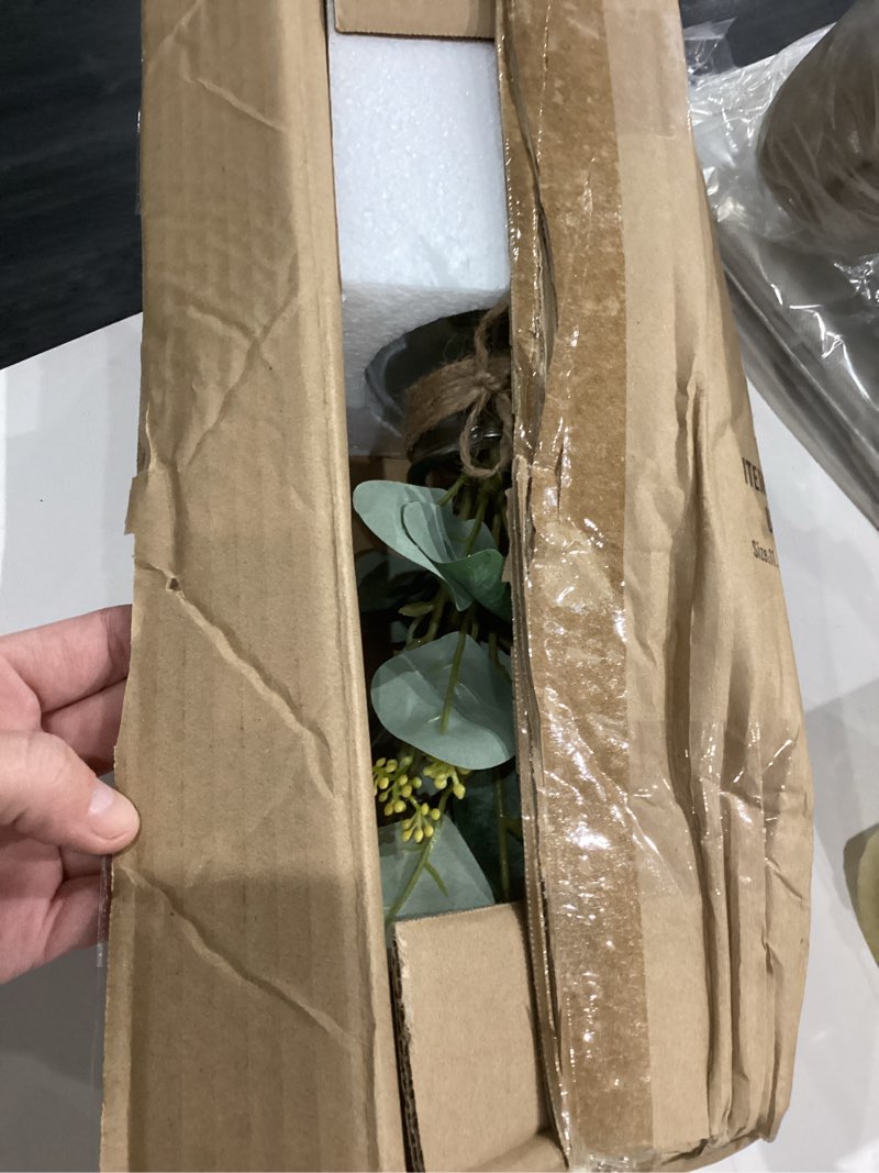 Condition photo showing Good Condition for Briful Artificial Eucalyptus Stems in Glass Vase with Faux Water, 14" Fake Plant Eucalyptus Leaves for Home Bathroom Office Farmhouse Wedding Centerpiece Décor Clear
