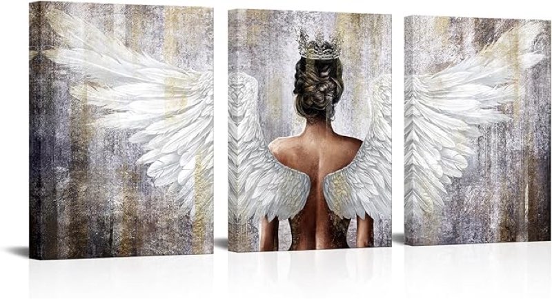 OuElegent Gold And Grey Angel Wings Wall Art Canvas Prints Girl Wearing Crown Contemporary Artwork f