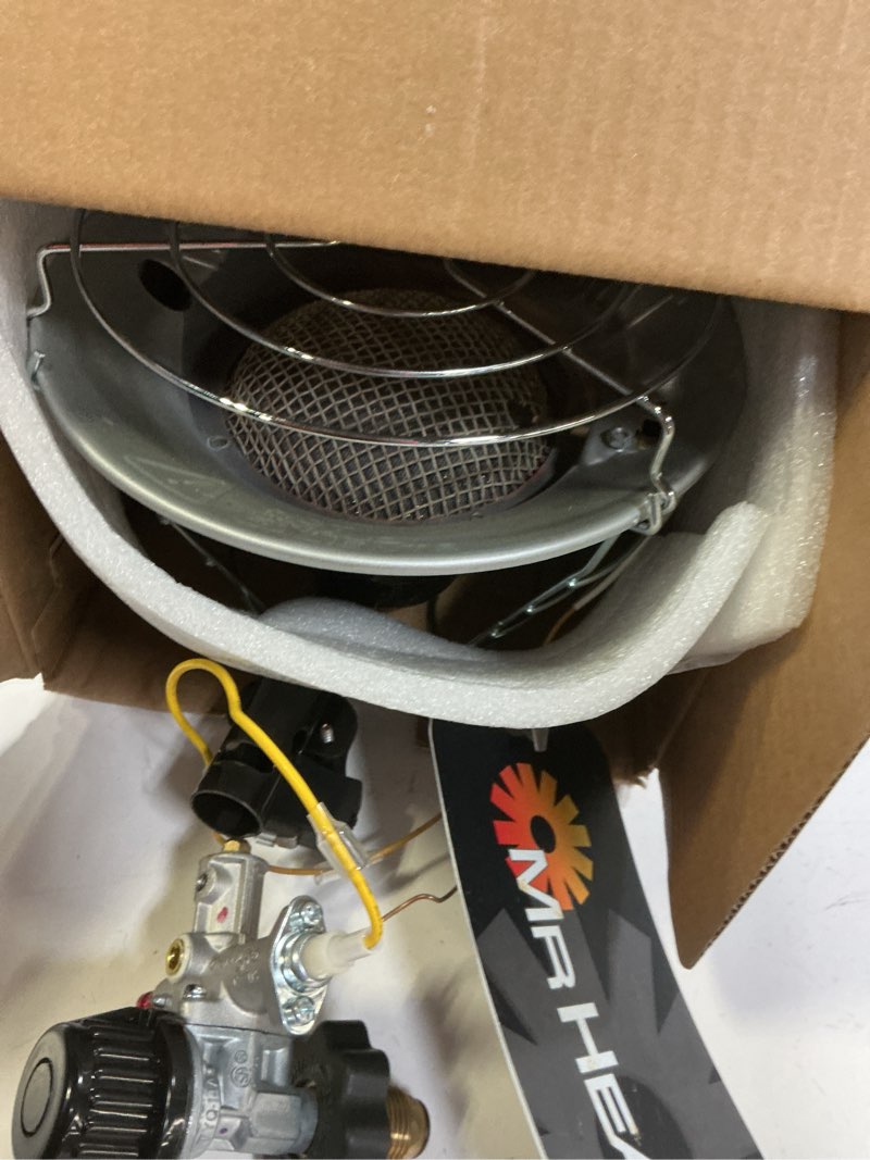 Condition photo showing As Is for 15,000 BTU Single Tank Top Portable Propane Radiant Heater,Grey/ Silver Space Heater