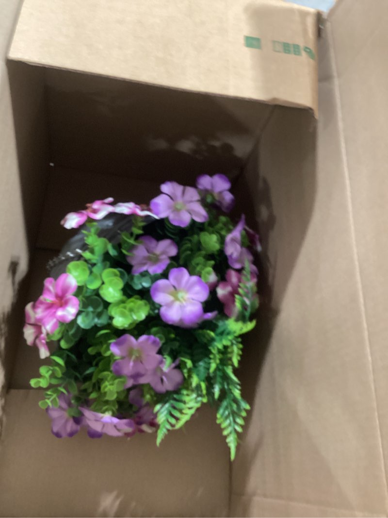 Condition photo showing Good Condition for kiho artificial hanging flower plant with basket for spring summer outdoor decoration, low-maintenence beautiful petunia flowers with eucalyptus leaves perfect for home (pink and purple)