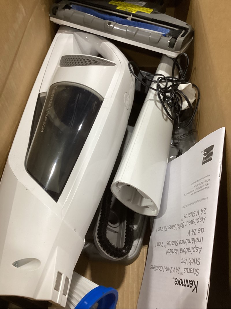 Condition photo showing As Is for Kenmore DS1030 Cordless Stick Vacuum Lightweight Cleaner 2-Speed Power Suction LED Headlight 2-in-1 Handheld for Hardwood Floor, Carpet & Pet Hair, White