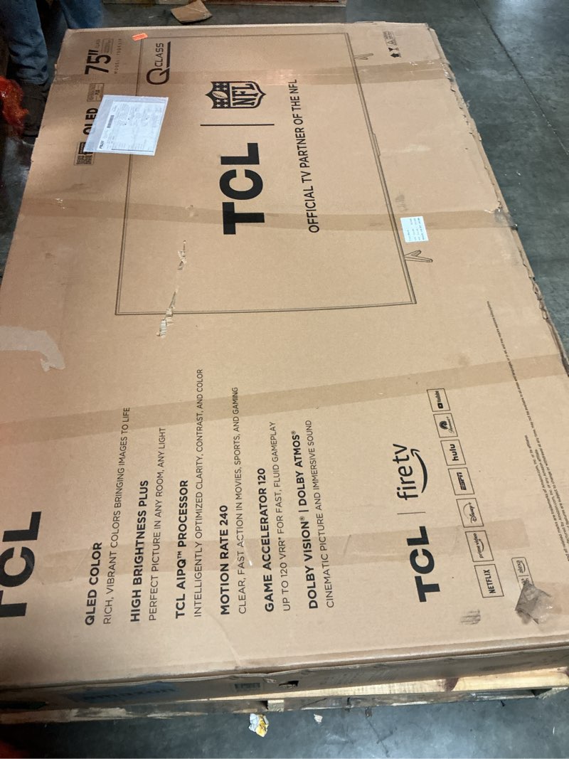 Condition photo showing Working Condition Verified for TCL 75-Inch Class Q65 QLED 4K Smart TV with Fire TV (75Q651F, 2024 Model), Dolby Vision and Atmos, HDR PRO+, Alexa Built-in with Voice Remote, Apple AirPlay 2 Compatibility, Streaming Television 75 inches TV only