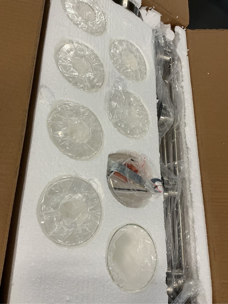 Condition photo showing Good Condition for 8-light brushed nickel vanity lights, modern bathroom light fixtures with clear glass shade, wall lamps for mirror kitchen hallway cabinet living room sconces lights - e26 nickel 8-light, clear glass shades
