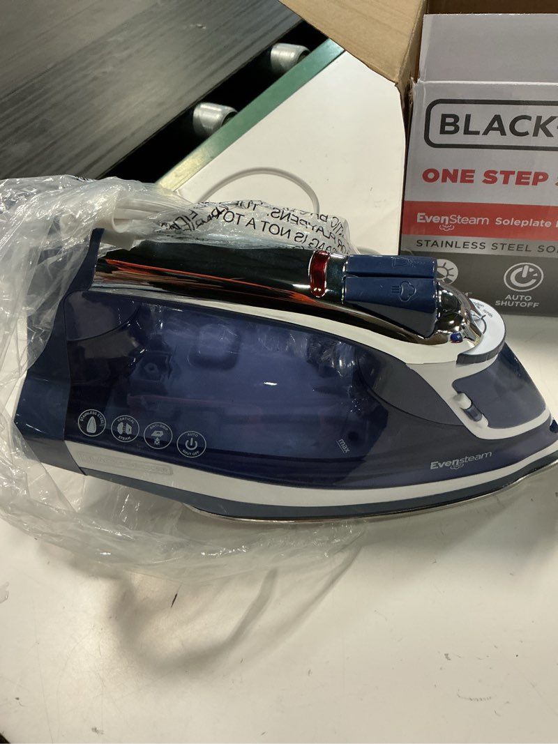 Condition photo showing Good Condition for black+decker one step steam iron for clothes, 1200w, evensteam stainless steel soleplate, smart steam control, auto clean, auto shut-off, blue
