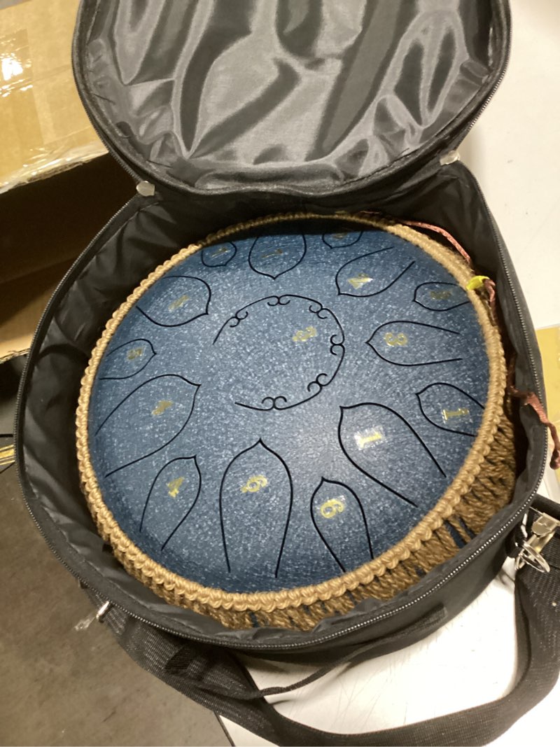 Condition photo showing Good Condition for steel tongue drum - 13 inches 15 notes tongue drum - hand pan drum with music book, handpan drums mallets and carry bag, d major (navy blue) 13 inch 15 note navy blue