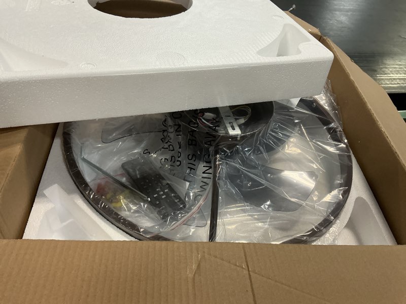 Condition photo showing New/Like New for VOLISUN Low Profile Ceiling Fans with Lights and Remote, 19.7in Fandelier Ceiling Fan Flush Mount, 3000K-6500K Smart Bladeless LED Fan Light, Brown Modern Ceiling Fans with Lights for Bedroom Brown 19.7 INCH