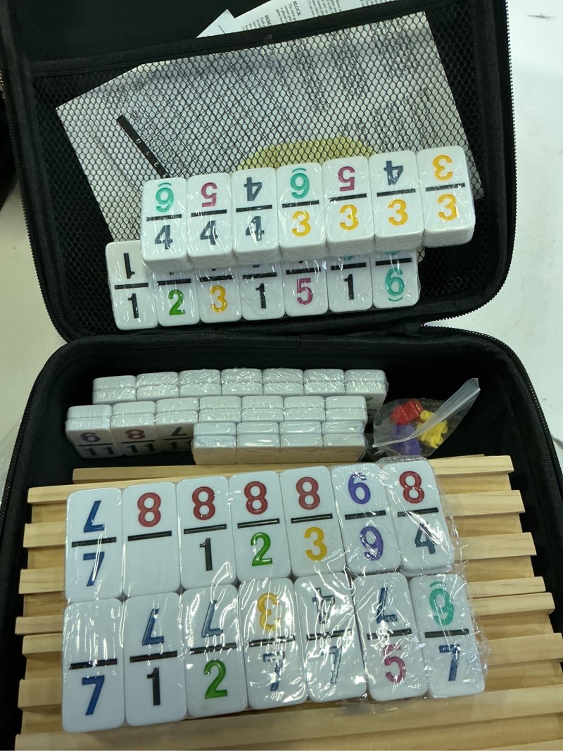 Condition photo showing New/Like New for mexican train dominoes set with numbers and 8 wooden trays/racks, double 12 dominos travel set with 8 tiles holders, 91 tiles double 12 colored dominoes game set with portable case for families kids d12 num 8 players