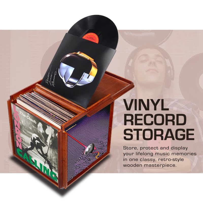 Decorative All-in-1 Vinyl Record Storage Box - Spins, Displays, Protects, and Stores - Wooden Display Cube - Rotating Wooden Crate Album Holder for 100 LP Records Collection