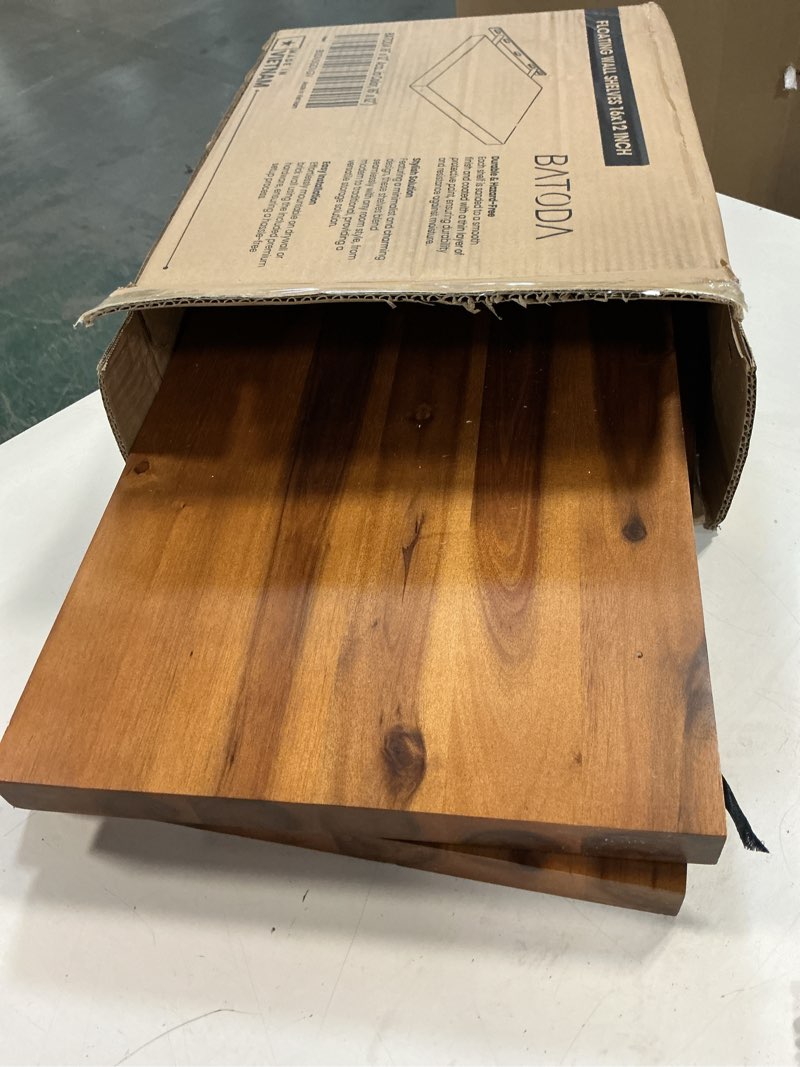 Condition photo showing As Is for BATODA 16” x 12” Acacia Deep Floating Shelves, Large Extra Wooden Floating Shelves for Wall - Floating Book Shelves, Floating Shelf for Bedroom, Bathroom - Wall Decor Living Room (Hardware Included) Acacia Color 16" x 12"