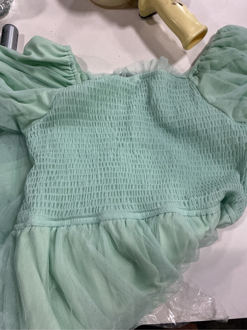 Condition photo showing New/Like New for prettygarden women's smocked midi tulle dress 2026 summer puffy short sleeve square neck ruffle wedding guest party dresses light green m