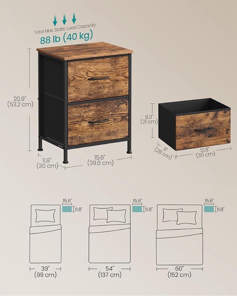 songmics bellah collection - dressers for bedroom, chest of drawers, nightstand, 2 drawers, storage organizer unit, closet, entryway, set of 2, industrial, rustic brown and ink black ulgs112kd03s