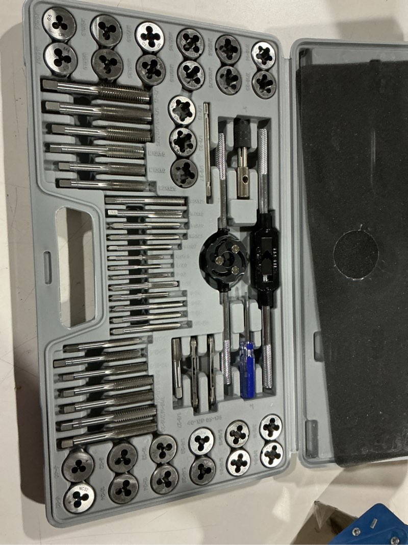 Condition photo showing Good Condition for 60-pc master tap and die set - include sae inch size #4 to 1/2” and metric size m3 to m12, coarse and fine threads | essential threading rethreading tool kit with complete accessories and storage case standard set, 60-piece
