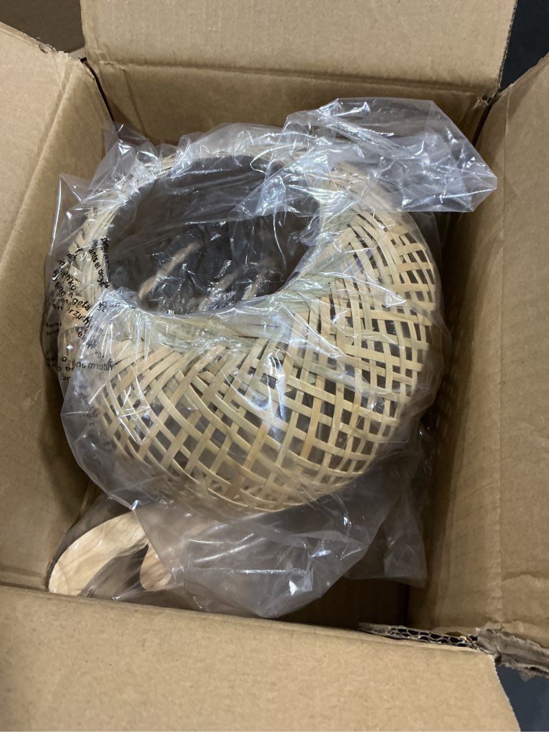 Condition photo showing As Is for Frideko Bamboo Lantern Plug in Wall Sconces Wicker Wall Lamp with Plug in Cord Hand Woven Rattan Wall Light Farmhouse Rustic Wall Sconces Boho Sconces Wall Lighting for Living Room Bedroom Orange