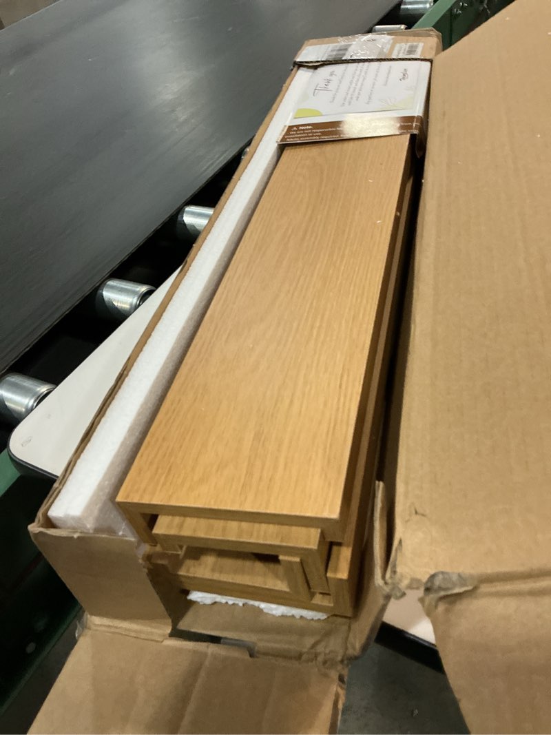 Condition photo showing As Is for Heimlove Picture Ledge Shelf,24 inch Long Floating Shelves for Wall Set of 4,Picture Shelf with Lip for Wall Decor,Living Room,Bedroom,Bookshelf,Nursery,Perfume,Oak Color 24'', Set of 4 Natural Oak