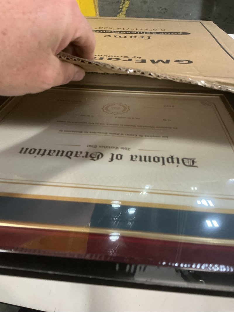 Condition photo showing New/Like New for gmframes double diploma frame for two 8.5x11 certificates with navy over gold mat, solid wood, uv protection acrylic, cherry finish with gold trim cherry (navy gold mat) 14x20 for double 8.5x11
