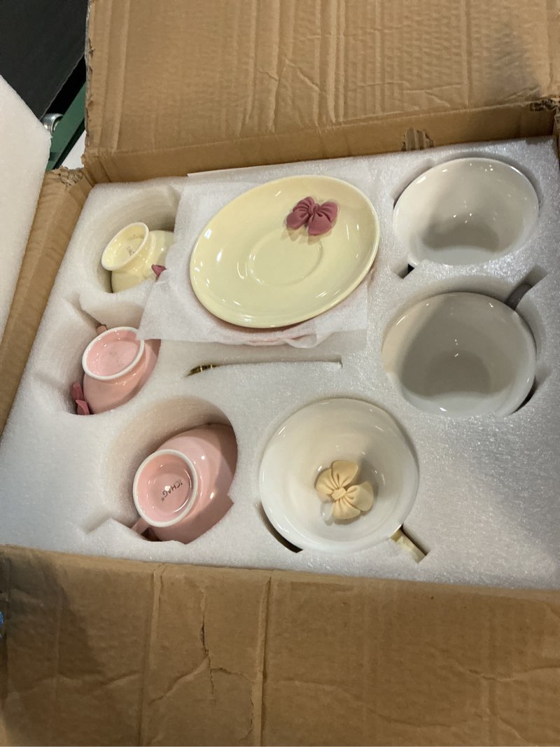 Condition photo showing Good Condition for ichag tea cups and saucers set, tea cups set of 6,18-piece 8oz vintage porcelain teacup and saucer set with golden spoon and bowknot, coffee cup set for women's tea party, home office gifts 6 bowknot
